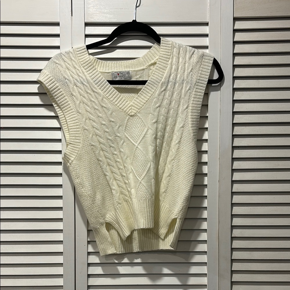 Poof! Cream V-Neck Cable Knit Top